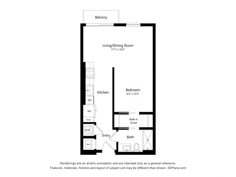 Floor plan for 1 bed, 1 bath, 575 sqft